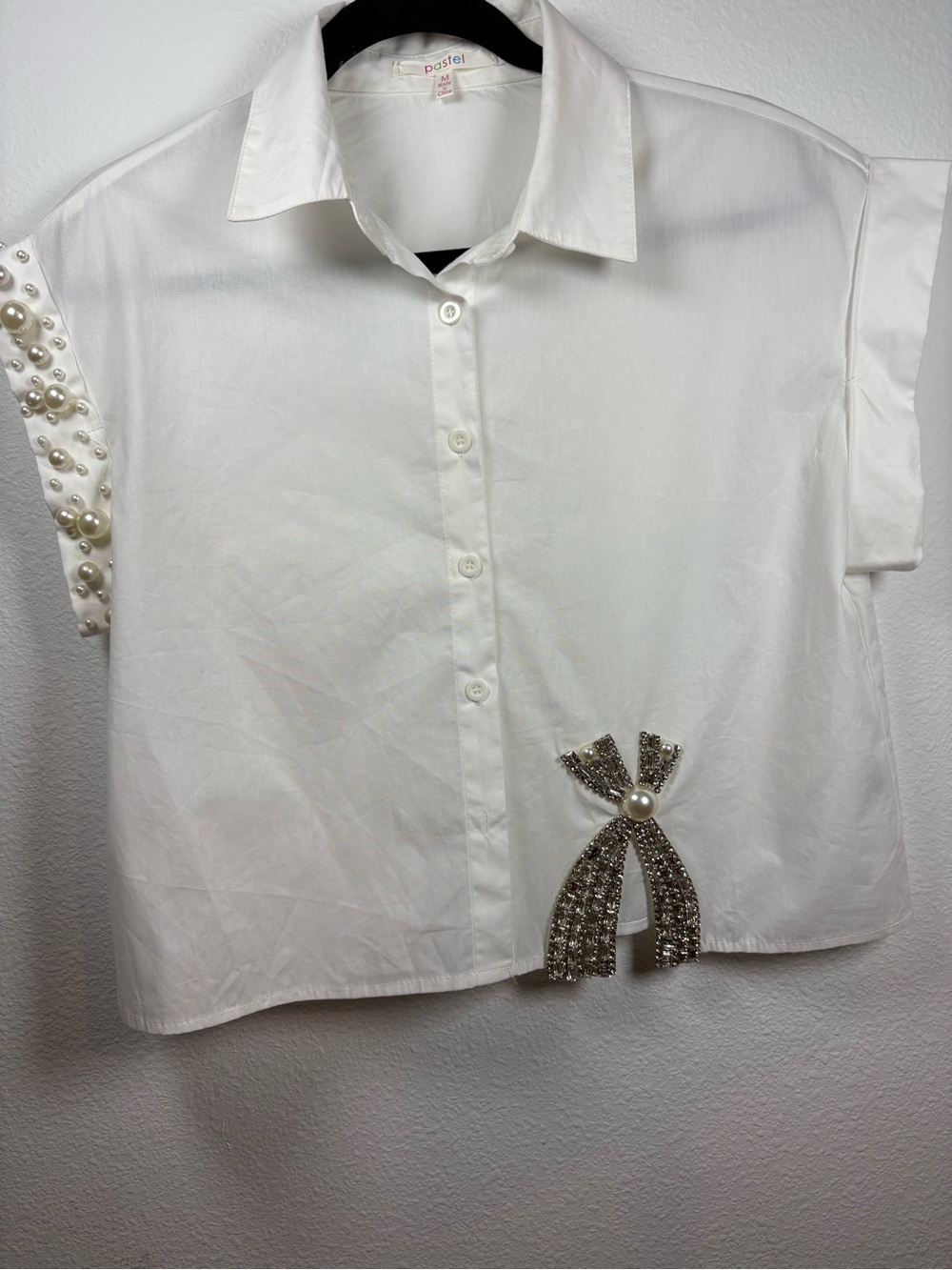 Pearl-Embellished White Women's Top